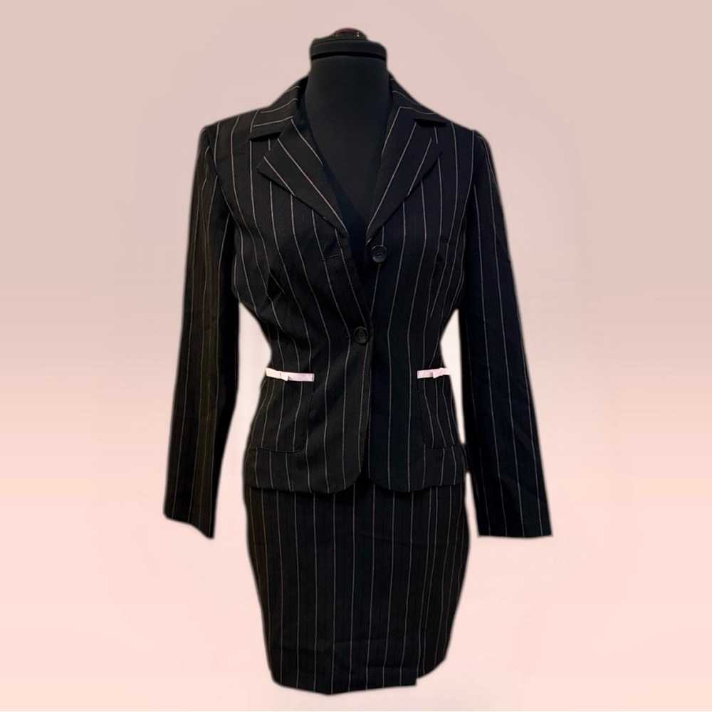 Black Pinstripe Skirt Suit with Pink Accent - Women Size 5/6